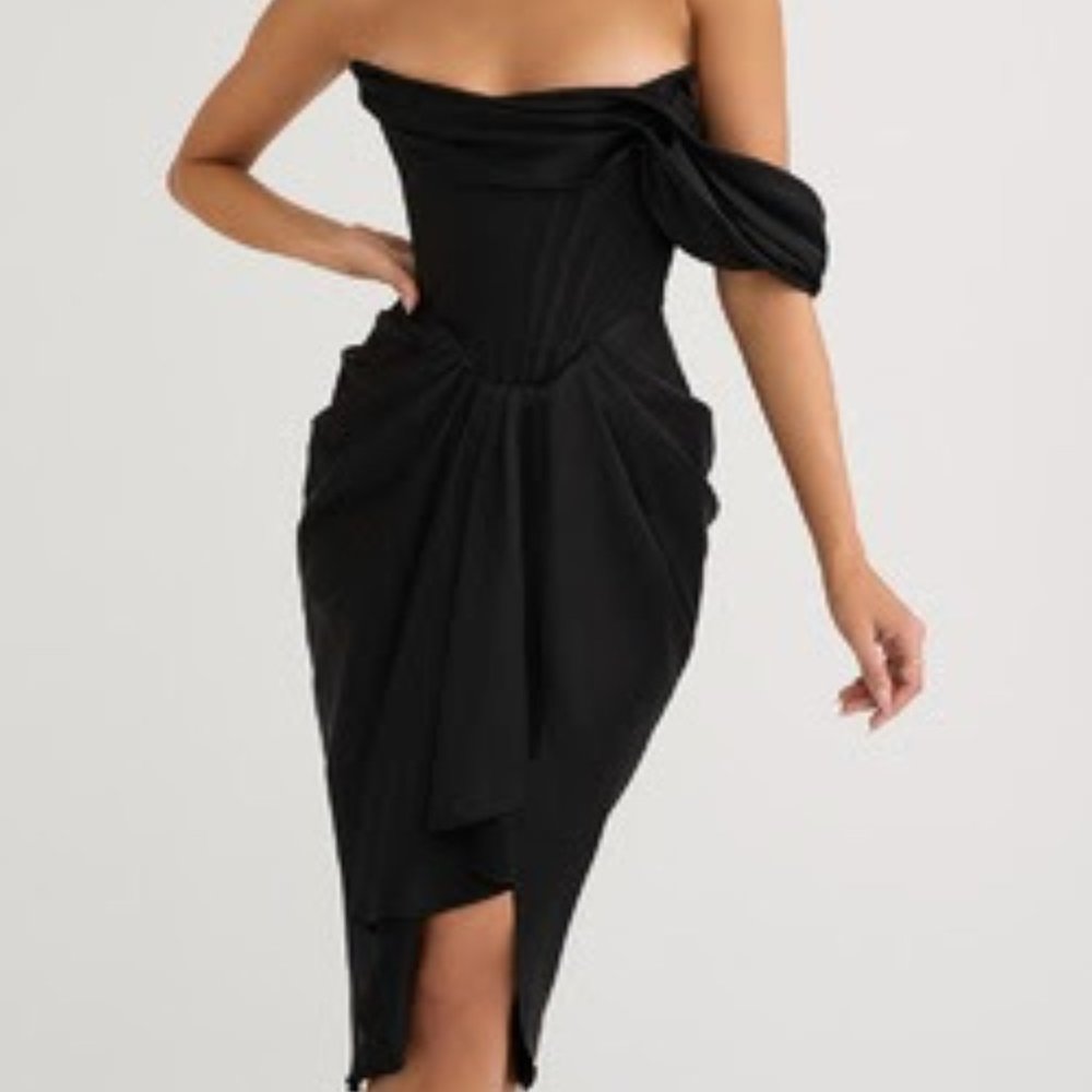 JANIS Black Satin Corset Midi Dress